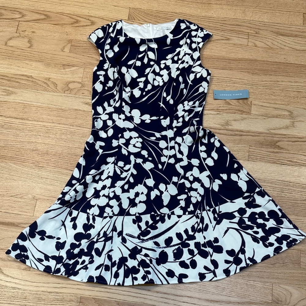 Navy Floral Dress Classic A Line- Navy and White